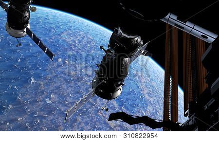 Spacecraft And Spacestation At The Earth Orbit. 3d Rendering Background. 3d Illustration
