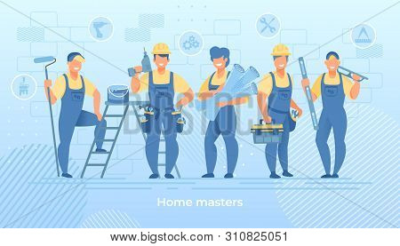 Group Of Construction Engineers In Robe With Building Equipment Tools. Carpenter Repairman With Dril