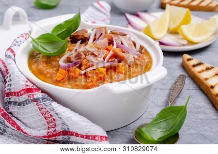 Thick Soup With Lentils, Slices Of Meat And Vegetables