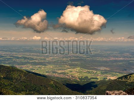 View From Mount Wendelstein In Upper Bavaria In The Late Spring, Featuring The Valley Below, Towns A