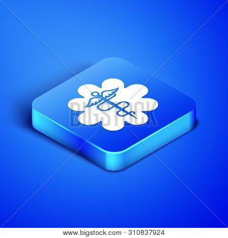 Isometric Emergency Star - Medical Symbol Caduceus Snake With Stick Icon Isolated On Blue Background