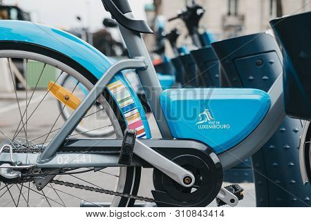 Luxembourg City, Luxembourg - May 19, 2019: Veloh Electric Pedal-assisted Rental Bikes On A Street I