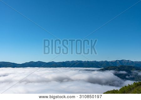 Sea Of Clouds. Panorama View From Unkai Terrace In Summer Time Sunny Day. Take The Cable Car At Toma