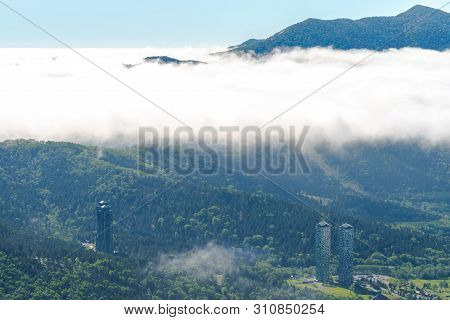 Sea Of Clouds. Panorama View From Unkai Terrace In Summer Time Sunny Day. Take The Cable Car At Toma