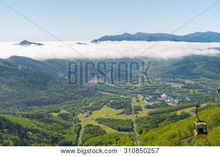 Panorama View From Unkai Terrace In Summer Time Sunny Day. Take The Cable Car At Tomamu Hoshino Reso