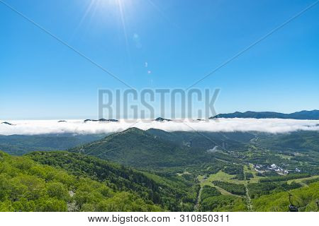 Panorama View From Unkai Terrace In Summer Time Sunny Day. Take The Cable Car At Tomamu Hoshino Reso