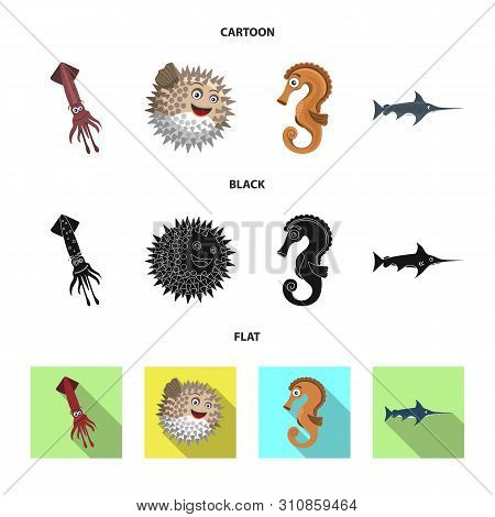 Vector Illustration Of Sea And Animal Logo. Set Of Sea And Marine Stock Symbol For Web.