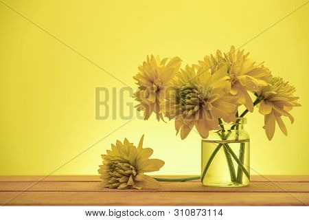 Beautiful Yellow Flowers On A Old Red Wooden Table, Yellow Background.