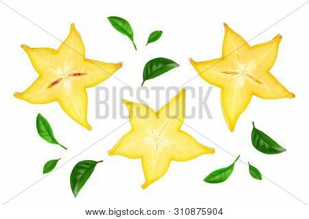 Carambola Or Star-fruit Slice With Leaf Isolated On White Background. Top View. Flat Lay