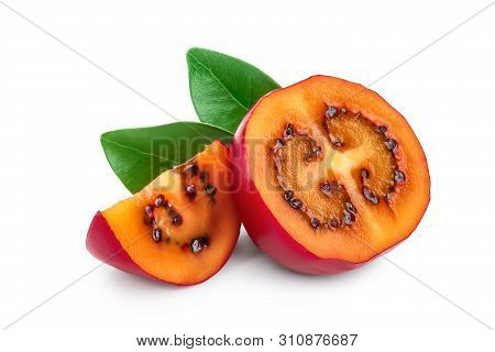 Fresh Tamarillo Half Fruit With Leaves Isolated On White Background