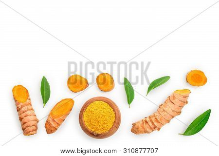 Turmeric Powder And Turmeric Root Isolated On White Background With Copy Space For Your Text. Top Vi