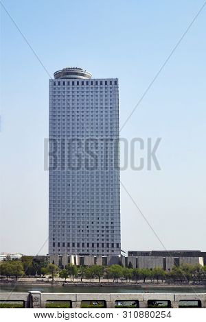 Pyongyang, North Korea - May 1, 2019: View On The Modern Yanggakdo Hotel. The Yanggakdo Internationa