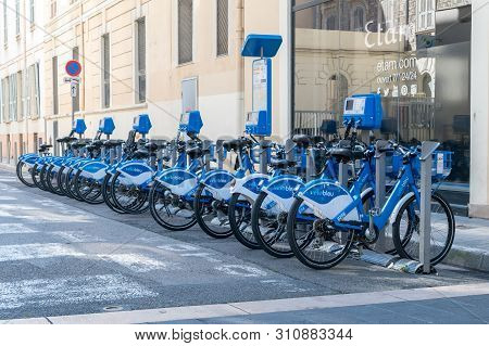 Nice, France - June 2, 2019: Velo Bleu City Bike For Rent.