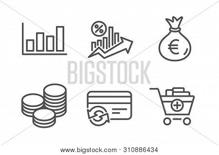 Loan Percent, Money Bag And Change Card Icons Simple Set. Report Diagram, Tips And Add Products Sign