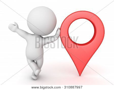 3D Character Leaning On Red Location Pin