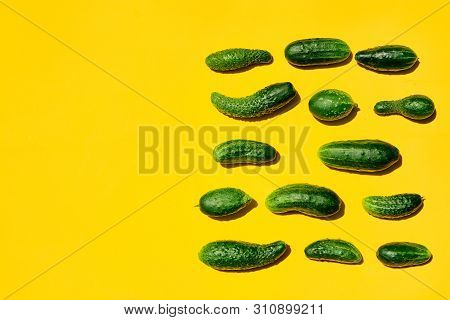Different Sizes Forms Cucumbers Pattern On A Light Yellow Background. Copy Space.