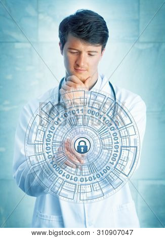 Young Pensive Medical Doctor Touching A Virtual Padlock In A Virtual Security Mechanism. Information