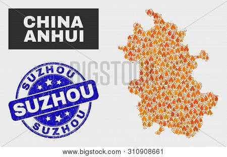 Vector Composition Of Burn Anhui Province Map And Blue Rounded Scratched Suzhou Seal Stamp. Fiery An
