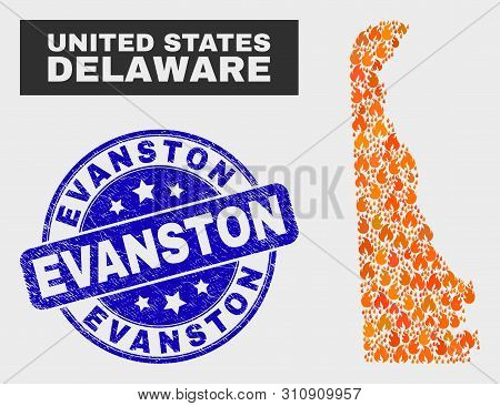 Vector Composition Of Flamed Delaware State Map And Blue Rounded Grunge Evanston Seal Stamp. Orange 