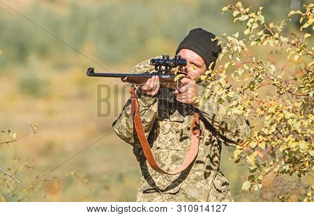 Hunting Skills And Weapon Equipment. How Turn Hunting Into Hobby. Bearded Man Hunter. Army Forces. C