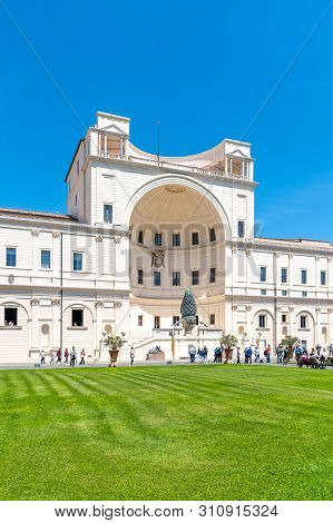 Vatican City - May 07, 2018: Courtyard Of The Pigna Of Vatican Museums, Vatican City