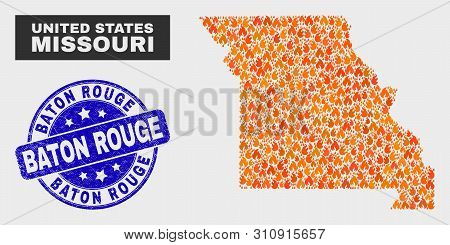 Vector Collage Of Wildfire Missouri State Map And Blue Rounded Textured Baton Rouge Seal Stamp. Oran