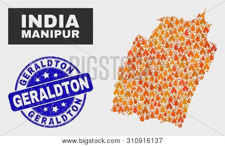 Vector Collage Of Flame Manipur State Map And Blue Rounded Distress Geraldton Seal. Fiery Manipur St