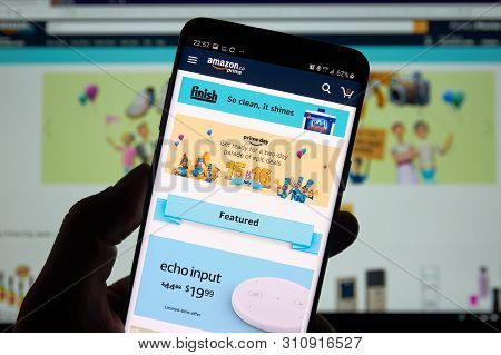 Montreal, Canada - July 11, 2019 : Amazon Prime Day Page And Logo On Android Cell Phone Over Amazon 