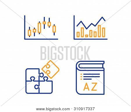 Candlestick Graph, Infochart And Puzzle Icons Simple Set. Vocabulary Sign. Finance Chart, Stock Exch