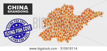 Vector Collage Of Fire Shandong Province Map And Blue Round Grunge Flying Fish Cove Seal Stamp. Fier