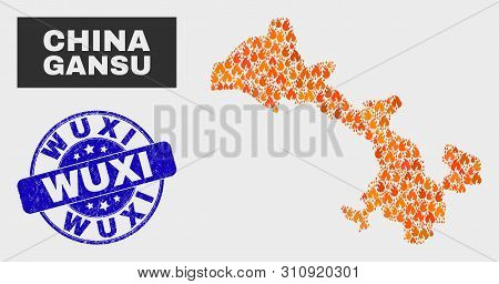 Vector Collage Of Fire Gansu Province Map And Blue Rounded Textured Wuxi Seal. Orange Gansu Province