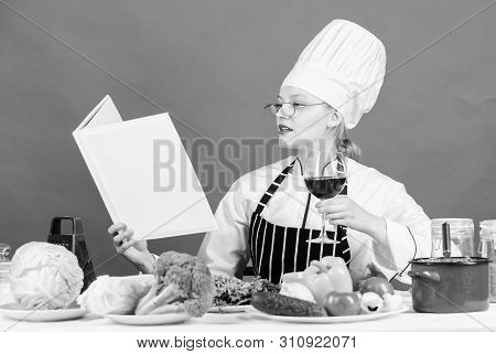 Culinary Expert. Chef Cooking Healthy Food. Girl Read Book Best Culinary Recipes. Culinary School Co