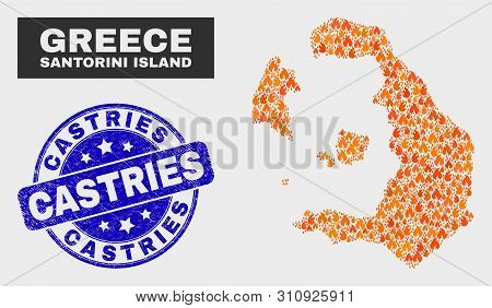 Vector Composition Of Wildfire Santorini Island Map And Blue Rounded Grunge Castries Seal Stamp. Fie