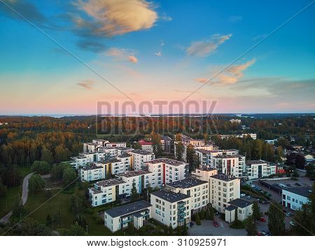 Beautiful Aerial Sunset View Of Espoo, Residential Suburb Of Helsinki, Finland