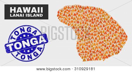 Vector Collage Of Fired Lanai Island Map And Blue Round Textured Tonga Seal. Fiery Lanai Island Map 