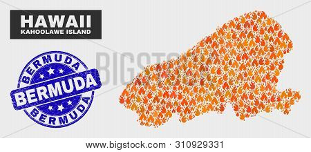 Vector Composition Of Fired Kahoolawe Island Map And Blue Rounded Textured Bermuda Seal Stamp. Fiery