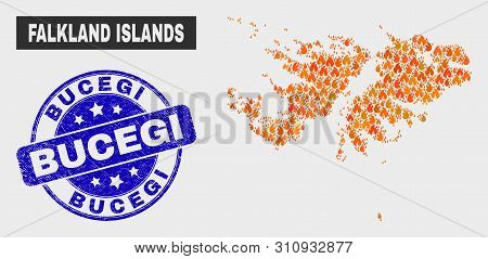 Vector Composition Of Flame Falkland Islands Map And Blue Rounded Distress Bucegi Seal. Fiery Falkla