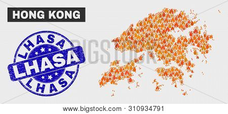 Vector Composition Of Flame Hong Kong Map And Blue Rounded Scratched Lhasa Seal Stamp. Orange Hong K