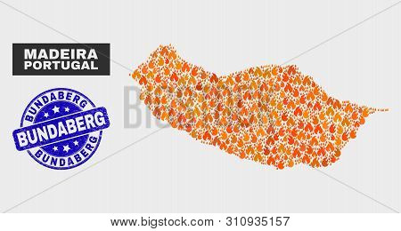 Vector Composition Of Fire Madeira Map And Blue Rounded Textured Bundaberg Seal Stamp. Orange Madeir