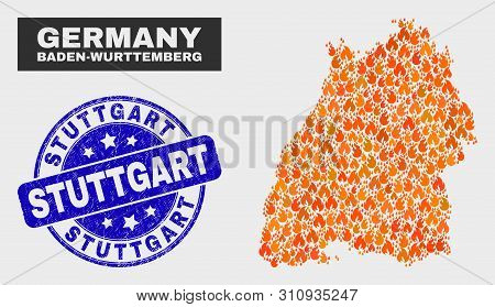 Vector Composition Of Fire Baden-wurttemberg Land Map And Blue Rounded Textured Stuttgart Seal. Fier