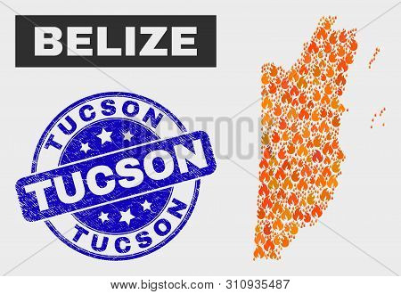 Vector Composition Of Fire Belize Map And Blue Round Scratched Tucson Seal. Fiery Belize Map Mosaic 