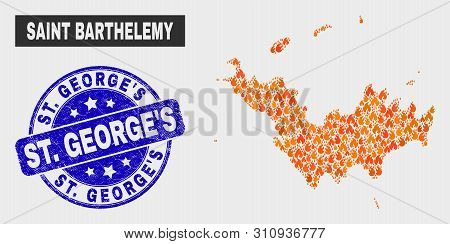 Vector Collage Of Flamed Saint Barthelemy Map And Blue Round Textured St. George's Seal. Orange Sain