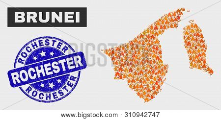 Vector Collage Of Flame Brunei Map And Blue Rounded Grunge Rochester Seal Stamp. Fiery Brunei Map Mo