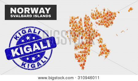 Vector Collage Of Wildfire Svalbard Islands Map And Blue Rounded Textured Kigali Seal Stamp. Orange 