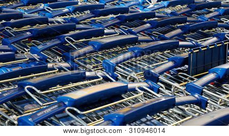 Huddinge, Sweden - July 11, 2019: Full Frame Image Of Stored Shopping Carts Outside Ikea.
