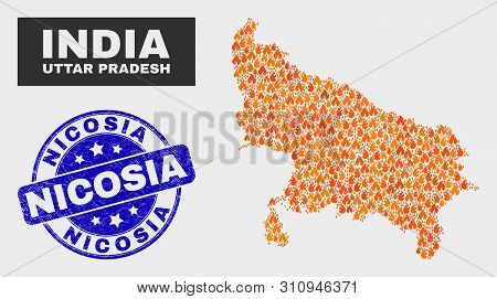 Vector Collage Of Flamed Uttar Pradesh State Map And Blue Rounded Distress Nicosia Seal. Fiery Uttar