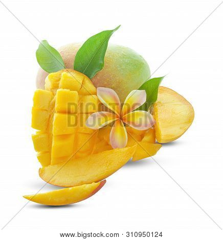 Mango Fruit With Mango Cubes And Slices. Isolated On A White Background