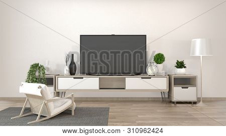 Smart Tv Mockup On Zen Living Room With Decoraion Minimal Style. 3D Rendering