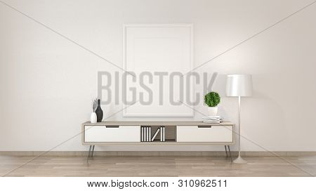 Mock Up Cabinet In Zen Living Room On White Wall Background,3D Rendering