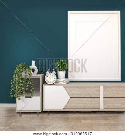 Mock Up Frame On Wooden Cabinets Tv In A Dark Green Room And Decoration.3D Rendering